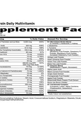 Supplement facts panel for Rule One Men's Train Daily Sports Multivitamin with active ingredients and nutritional information.